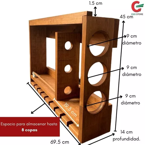 Bodega De Madera Para 3 Botellas Con Cuelga Copas Repisa