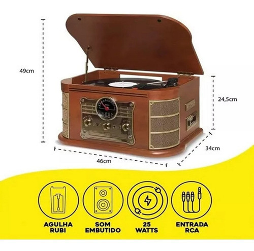 Radio Vitrola Toca Disco De Vinil Bluetooth Usb Cassete Cd