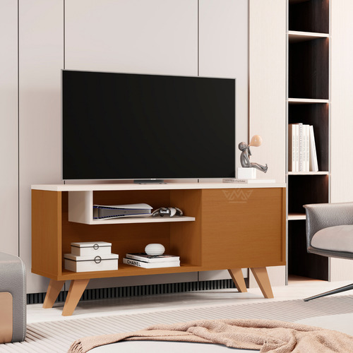 Rack Bancada Heitor Nature Tv 50 Polegadas Compacto Para Sala Com Porta E Prateleiras Pés De Madeira Maciça