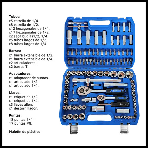 Kit De Herramientas Combinado Llave Tubos 108 Piezas Maletín Azul