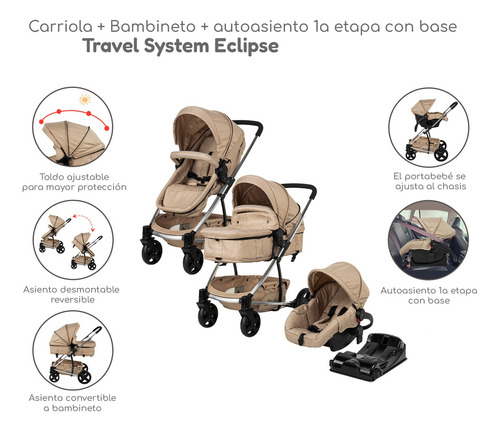 Carriola de Bebe Travel System de Paseo D'bebé Eclipse Color Beige Chasis Plateado