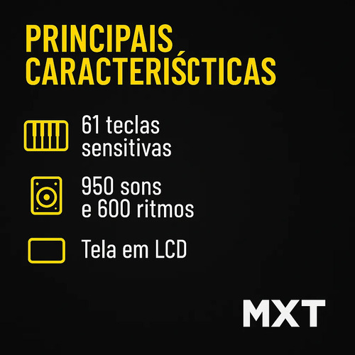 Kit Teclado Mxt M-t5000 61 Teclas + Suporte + Pedal + Capa Cor Preto
