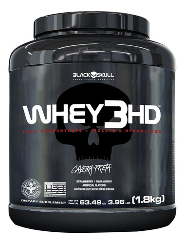 Whey 3hd Black Skull - 1,8kg (wpc, Wpi E Wph) Caveira Preta Sabor Morango