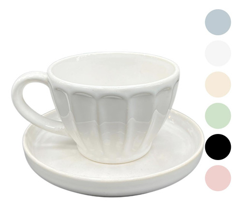 Taza Multifuncion Ceramica Vintage Vainilla 300ml + Plato Gris Azulado