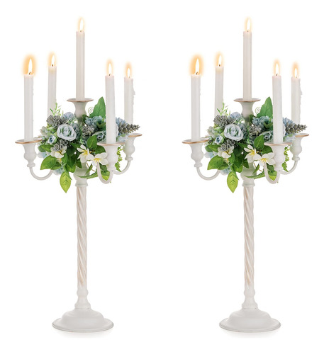 Candelabro Blanco De Metal Con 5 Portavelas Juego De 2 Decor