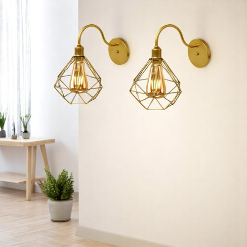 Kit 2 Arandela De Parede Pendente Luminária Aramado Diamante Cor Dourado