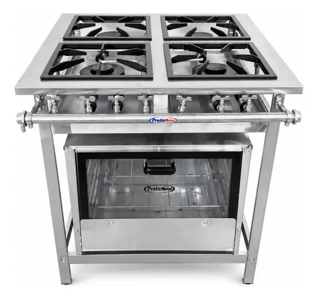 Fogão Industrial Inox 4 Bocas Baixa Pressão C/ Forno Vidro