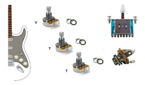 Imagem 2 de 6 de Kit Elétrica Guitarra Strato Chave 5p, Jack, 3 Pots A250k