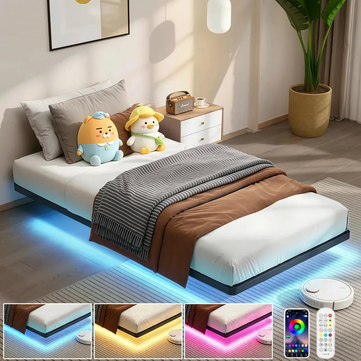 FURRIFIC Base De Cama Flotante Individual Con Luces LED RGB, Estructura Metálica Moderna Para Recámara Gamer