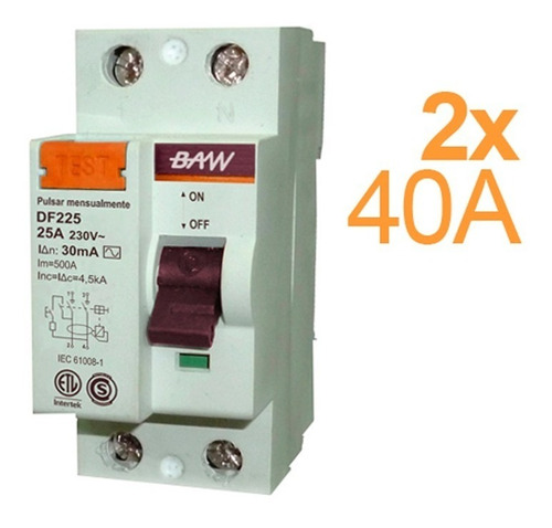 Disyuntor Diferencial Interruptor 2x40 Amp 30ma Baw