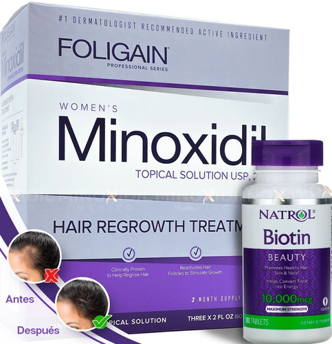 Minoxidil 2% Dama  + Biotina Natrol 10,000 Mcg 100 Tabletas