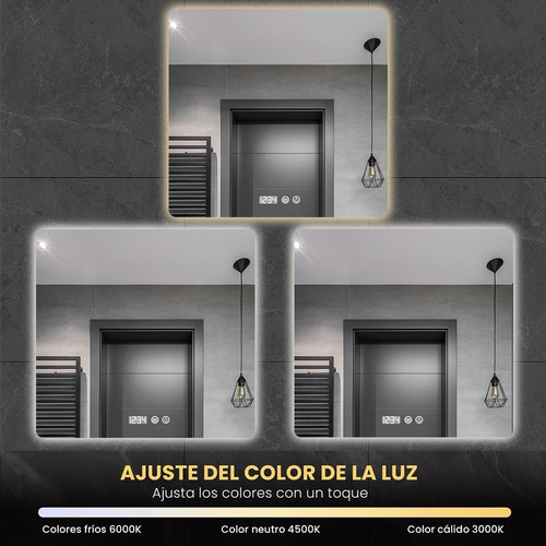 Espejo Led Baño Touch 3 Modo Con Antivaho Hora Temp 60x60cm