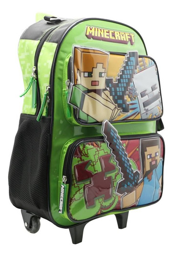 Mochila Escolar Minecraft Fun Con Carro Color Verde Diseño De La Tela Liso
