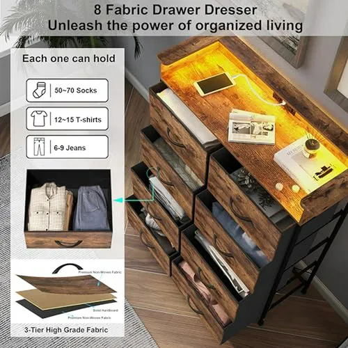 Cómoda Alta 8 Cajones Con Carga Usb Y Luces Led - Rustic Bro