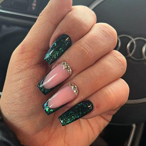 Uñas Falsas Verdes De Punta De Punta Francesa En Uñas Ataúd