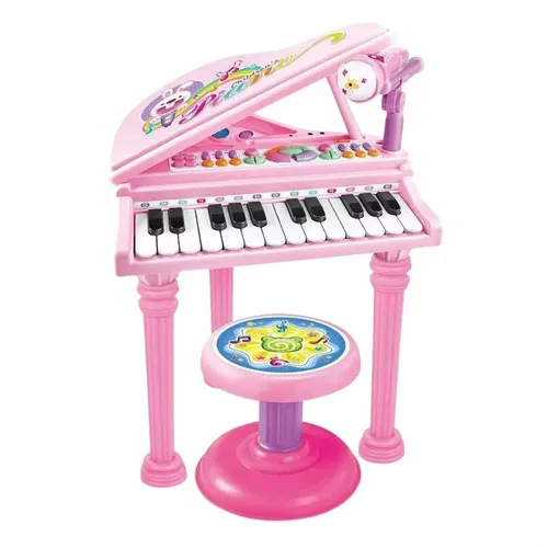 Pianinho Musical Infantil Meninas Com Microfone E Banquinho