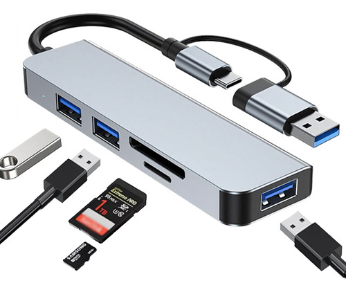 Adaptador Usb Adaptador Usb Tipo C 5 En 1 Hub Usb 3.0 5 Gbps Multipuerto Hub Puertos Splitter Accesorios, Compatibilidad Con Sd/tf Card, Compatible Con Macbook Pro Portatil Laptop Gitifo Color Gris