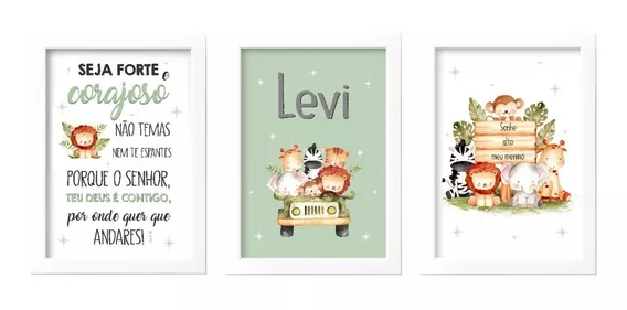 Kit 3 Quadros Decorativos Tema Safari Baby