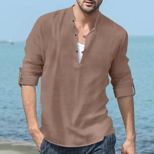 Camisa De Playa Casual De Manga Larga Y Cuello Alto Hombre