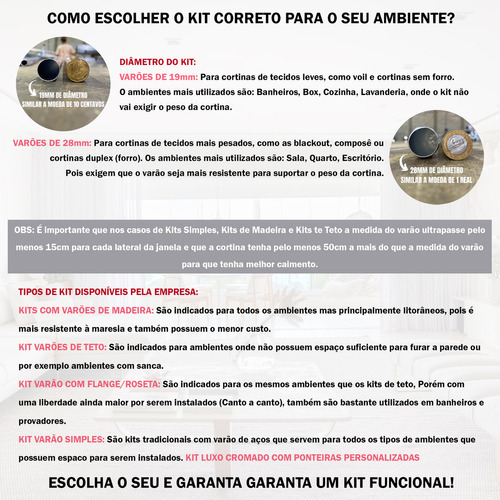Kit Varão Cortina Simples Grosso 2 Metros Cromado 28mm