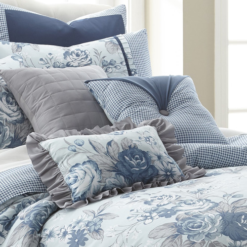 Juego De Edredon King Size Estampado Floral 8pzs Azul Claro
