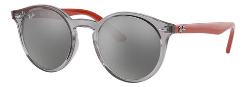 Óculos de sol Ray-Ban Junior 8-12 anos armação de injected cor gloss transparent grey, lente grey de policarbonato espelhada, haste red de injected - RJ9064S