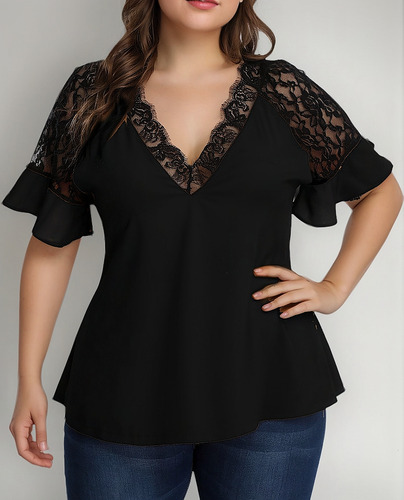Playera De Mujer, Talla Grande, De Chifón, Cuello En V, Enca