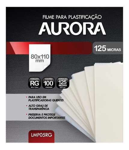 Filme Plastificação Aurora Tamanho Rg 100 Folhas 125 Micras