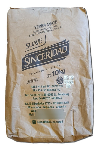 Yerba Mate Sinceridad Suave Bolsón 10kg X2 Unidades