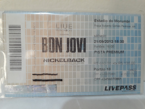 Ingresso Bon Jovi Nickelback 2013 (leia A Descrição) (Usado)