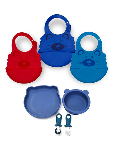 Set De 3 Baberos Para Bebé Con 2 Platos Y Cubiertos
