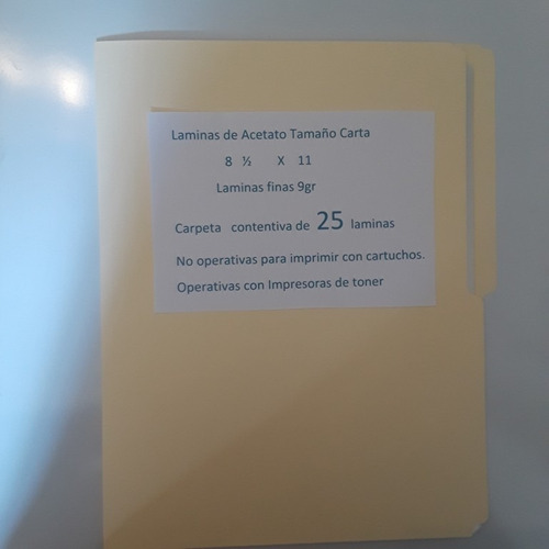 Laminas De Acetato  25 Tamaño Carta Para Impresoras Laser