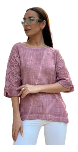 Blusa Importada De Lino Fino Violeta Mangas De Tul Bordado 