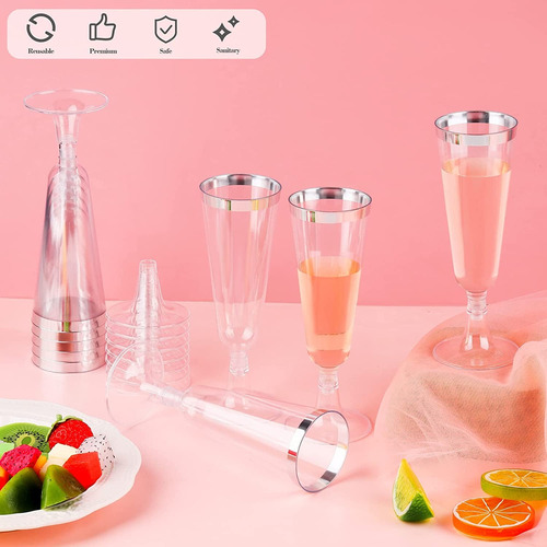 Copas Desechables Vino, Postres Plástico Premium 50 Piezas Plateado