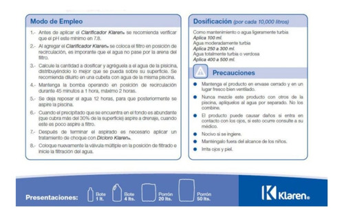 Clarificador Klaren Para Eliminar Agua Turbia De Albercas 4l