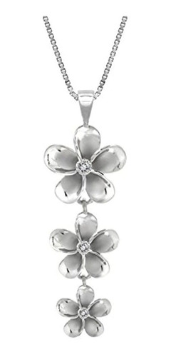 Plata De Ley Tres Plumeria Cz Collar Con 18'' Caja Cadena