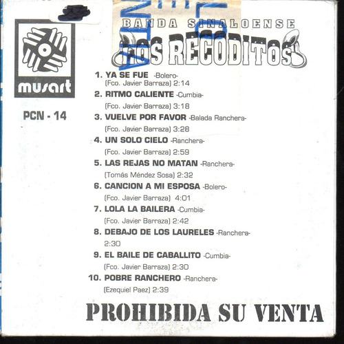 Banda Sinaloense Los Recoditos Cd 10 Tracks Promo Como Nuevo