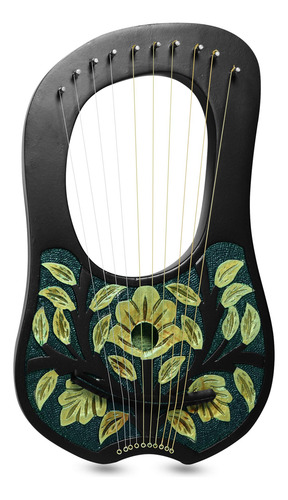 Arpa De Lira 10 Cuerdas Metal Grabado Floral Dorado Verde Dorado, Verde, Cromo Acabado
