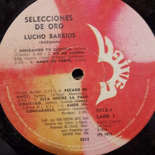 Sin Tapa Disco Lucho Barrios Selecciones De Oro M0