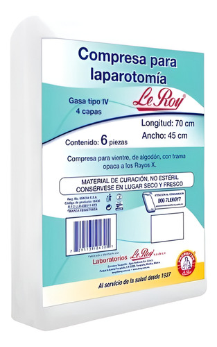 Compresa Laparotomía No Estéril C/6 Trama Radiopaca 70x45 Cm