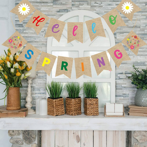 Pancarta Rustica Hello Spring Banner Para Decoracion Fiesta