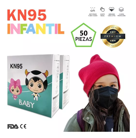 50 Cubrebocas Kn95 Infantil Niño / Niña Color Negro Mascara