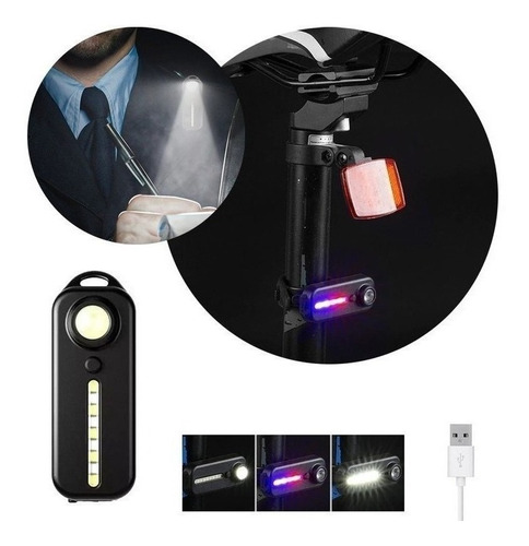 Luz Led Bicicleta Recargable Usb 5 Efectos Delantera Trasera Color Negro