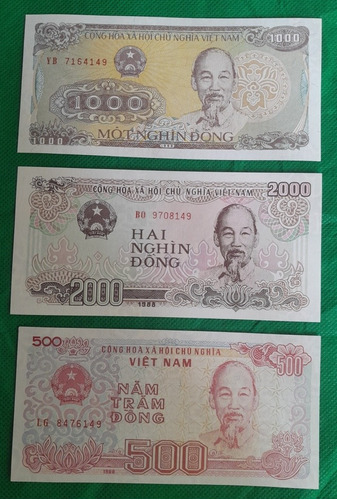 3 Billetes De 500, 1000 Y 2000 Dong, Pais Vietnam, Unc