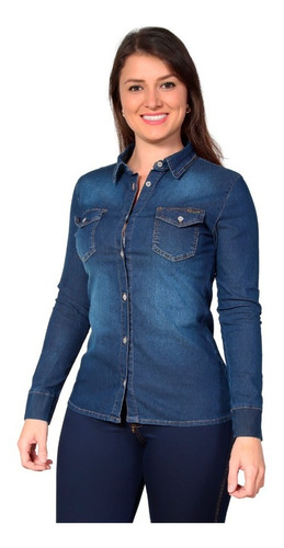 Camisa Jeans Feminina Social Blusa Lycra Jacquard Slim Fit