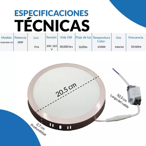 Lampara Spot Circular Sobreponer Cobre Luz Fría 18 W T4506
