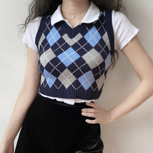 Chaleco De Punto A Cuadros Para Mujer, Casual, Todo Combinad