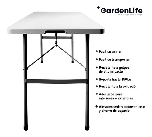 Mesa Plegable Jardin Gardenlife Ga-mp120 Rectangular Blanco