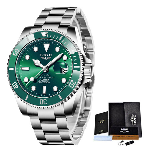 Reloj de pulsera Meiro de cuerpo color plateado, analógico, para hombre, fondo verde, con correa de aceroinoxidable color plateado, agujas color plateado y blanco, dial blanco y plateado