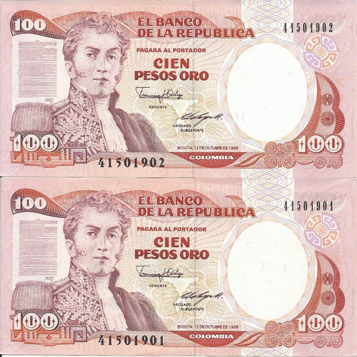 Colombia Dúo  Consecutivos   100 Pesos Oro 12 Octubre 1988